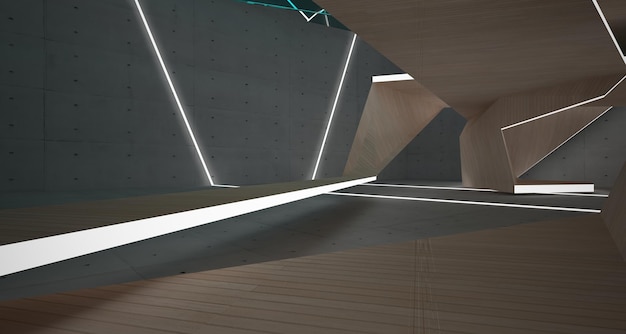 Abstract concrete and wood interior multilevel public space with window 3D illustration and render