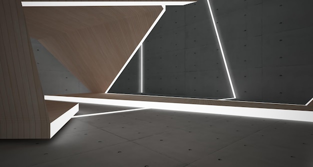 Abstract concrete and wood interior multilevel public space with window 3D illustration and render