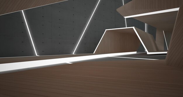 Abstract concrete and wood interior multilevel public space with window 3D illustration and render