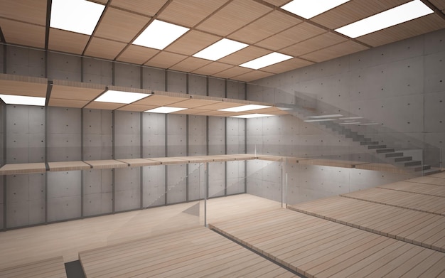 Abstract  concrete and wood parametric interior  with window. 3D illustration and rendering.