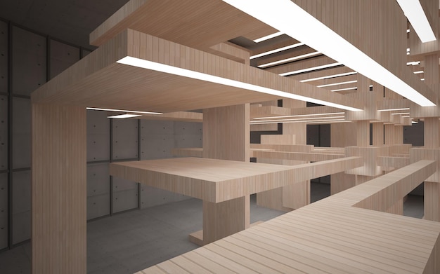 Abstract concrete and wood parametric interior with window 3D illustration and rendering