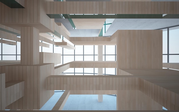 Abstract concrete and wood parametric interior with window 3D illustration and rendering