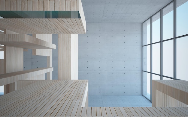 Abstract concrete and wood parametric interior with window 3D illustration and rendering