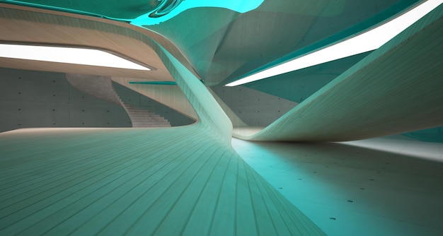 Abstract concrete and wood parametric interior with window 3D illustration and rendering