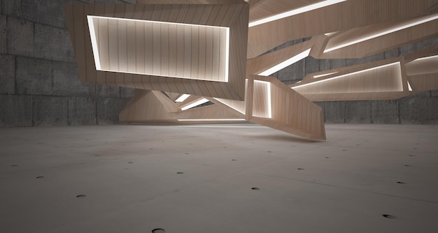 Abstract concrete and wood parametric interior with window 3D illustration and rendering