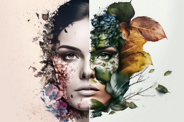 Abstract contemporary art collage portrait of young woman with flowers Generative AI