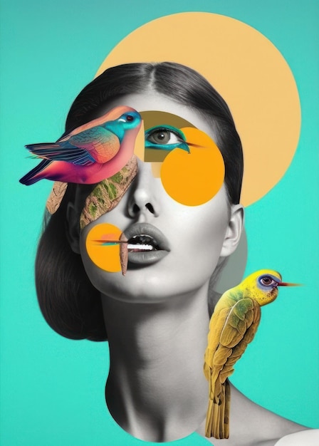 Abstract contemporary art portrait of woman Bird and color paint stains on face Modern design of colorful and conceptual bright art collage AI Generated