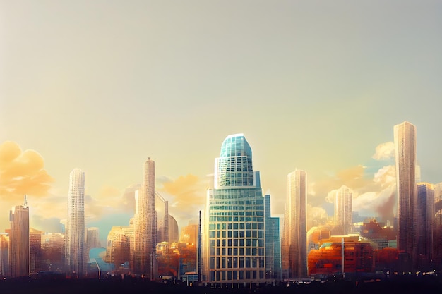 Abstract contemporary western downtown cityscape at sunny morning with modern skyscrapers neural network generated art