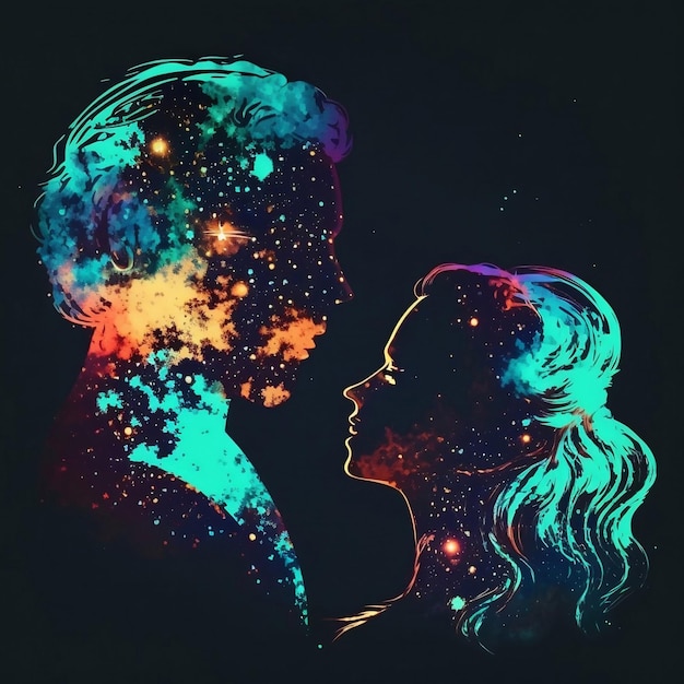 Abstract cosmic background silhouettes of a man and a woman in a loving embrace Generative AI