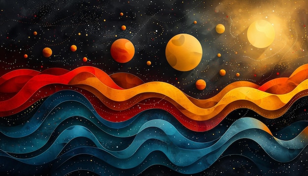 Photo abstract cosmic design with colorful curves and planets on dark background galactic artwork