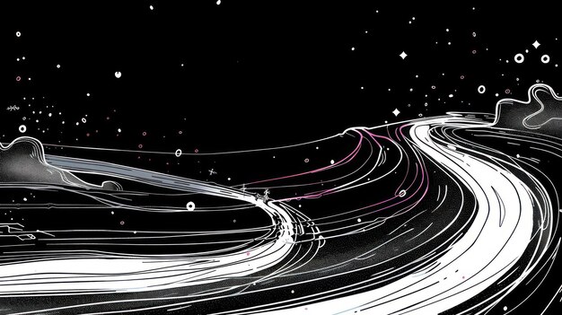 Abstract cosmic landscape with swirling lines and stars on a dark background