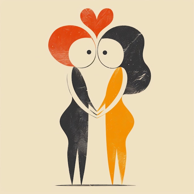 Abstract Couple Embrace Illustration with HeartShaped Heads