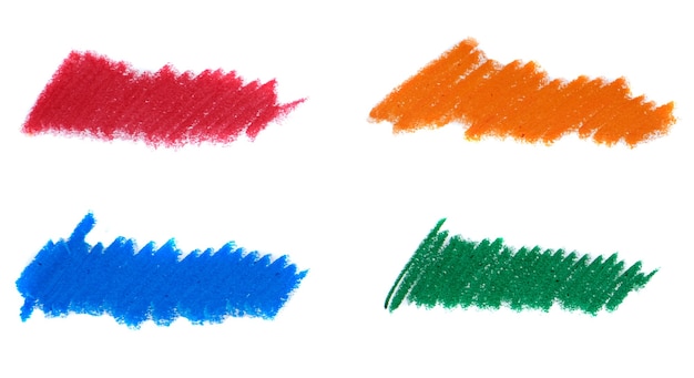 Abstract crayon on white background. Blue, orange, green and red crayon scribble texture. Wax pastel spot.