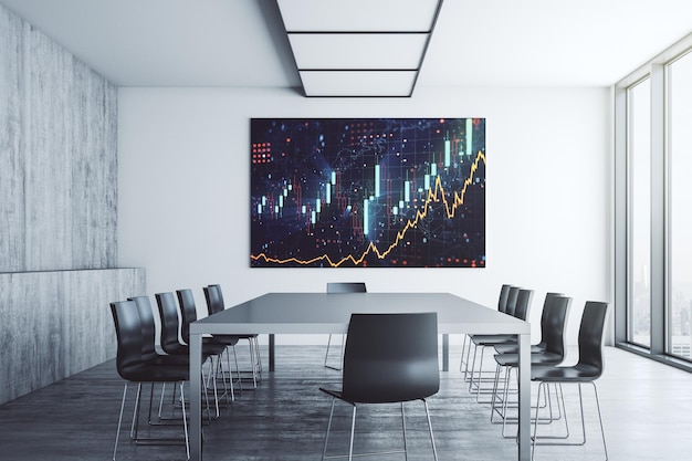 Abstract creative financial diagram on presentation monitor in a modern boardroom banking and accounting concept 3D Rendering