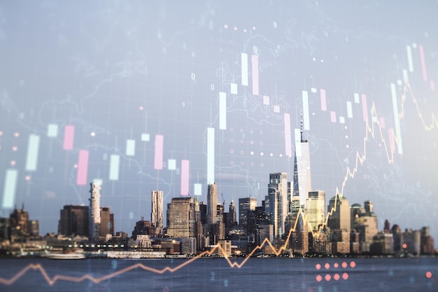 Abstract creative financial graph interface and world map on New York city skyline background forex and investment concept Multiexposure