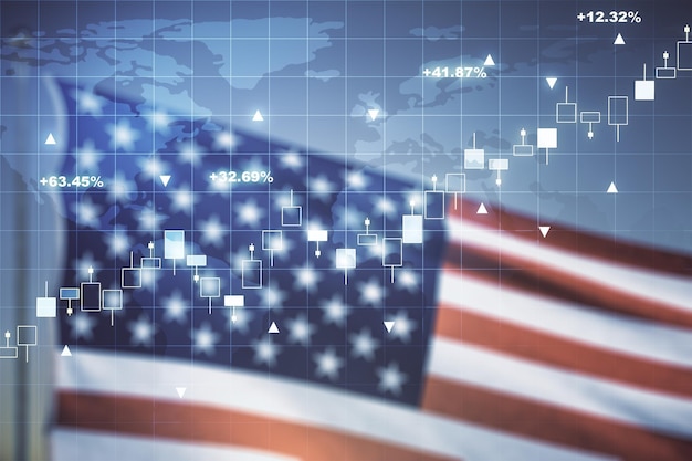 Abstract creative financial graph interface and world map on USA flag and sunset sky background, forex and investment concept. Multiexposure