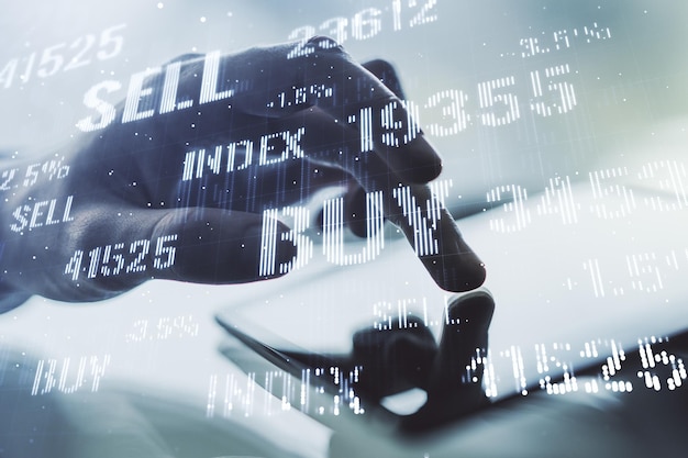 Abstract creative financial graph with finger clicks on a digital tablet on background forex and investment concept Multiexposure