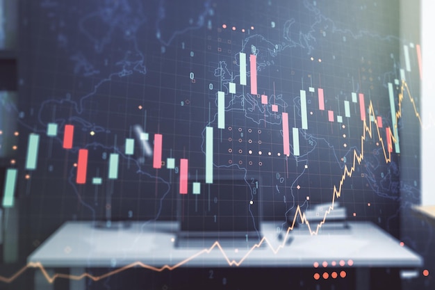 Abstract creative financial graph with world map and modern desktop with computer on background forex and investment concept Multiexposure