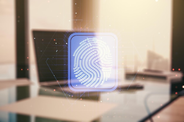 Abstract creative fingerprint concept on modern laptop background Multiexposure