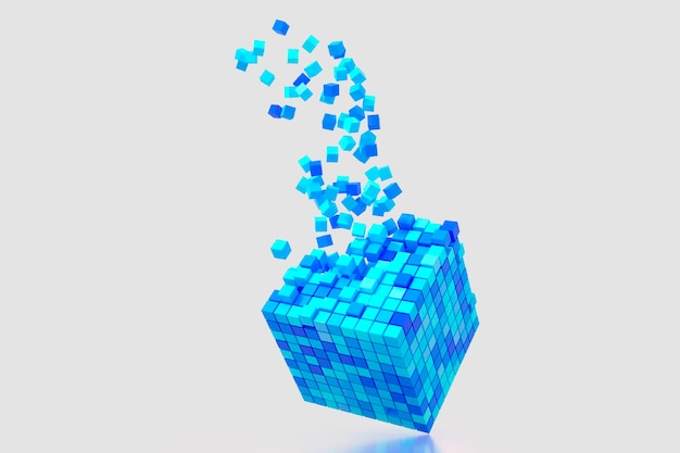 Abstract creative modern blue and white 3D background a three-dimensional cube lying on its side and exploding small cube particles flying out of it. 3d illustration.