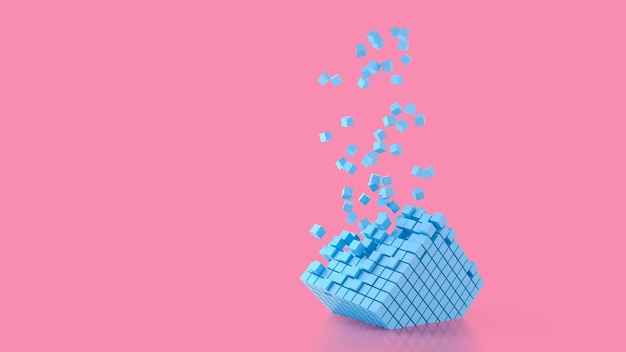 Abstract creative modern pastel pink 3D background a threedimensional cube lying on its side and exploding small cube particles flying out of it 3d illustration