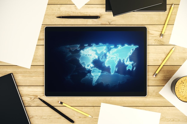 Abstract creative world map on modern digital tablet monitor tourism and traveling concept Top view 3D Rendering