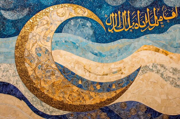 Photo abstract crescent moon and arabic calligraphy blend in shades of gold and blue