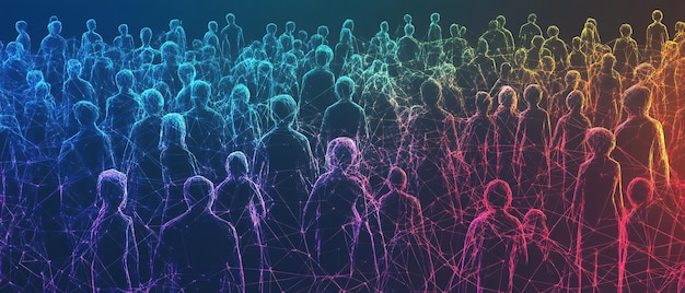 Abstract Crowd of People Connected by Lines in Vibrant Colors