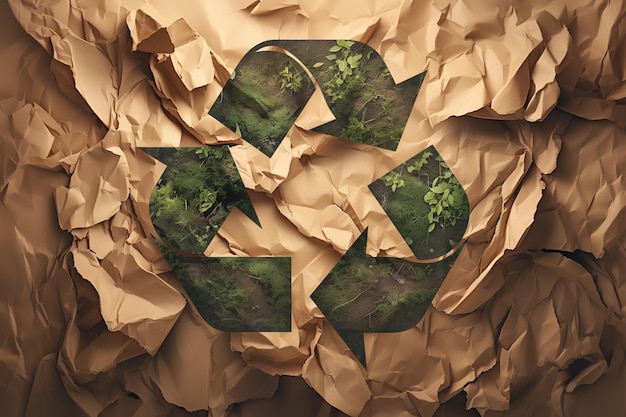 Abstract crumpled and creased recycle brown paper texture background with green recycle symbol