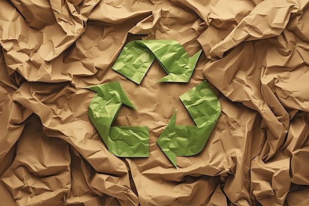 Abstract crumpled and creased recycle brown paper texture background with green recycle symbol