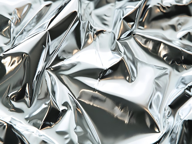 Abstract crumpled silver foil texture creating a reflective and distorted surface ideal for modern design backgrounds futuristic themes or artistic interpretations