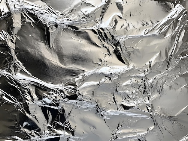 Abstract crumpled silver foil texture creating a reflective and distorted surface ideal for modern design backgrounds futuristic themes or artistic interpretations