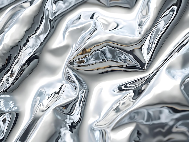 Abstract crumpled silver foil texture creating a reflective and distorted surface ideal for modern design backgrounds futuristic themes or artistic interpretations