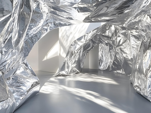 Abstract crumpled silver foil texture creating a reflective and distorted surface ideal for modern design backgrounds futuristic themes or artistic interpretations