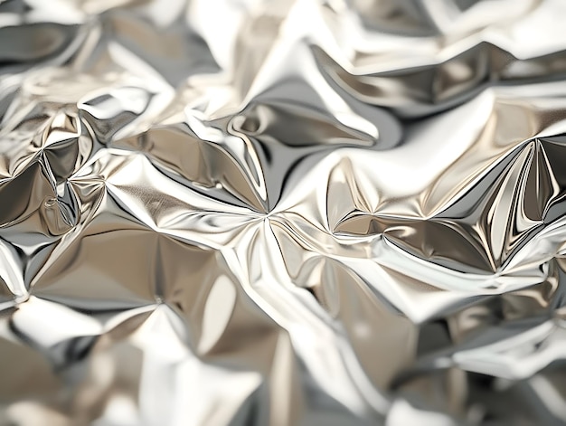 Abstract crumpled silver foil texture creating a reflective and distorted surface ideal for modern design backgrounds futuristic themes or artistic interpretations