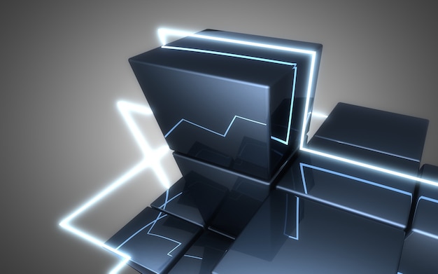 Abstract cubes construction witth neon light.3d illustration