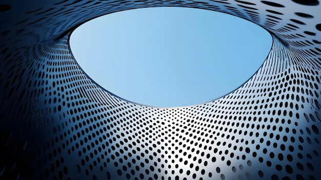 Abstract Curved Metal Surface with Circular Holes and Blue Sky