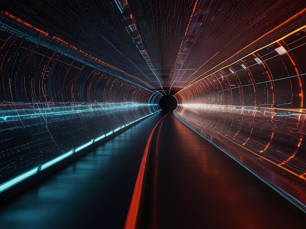 Abstract Cyber Data Corridor with Dynamic Light Trails AI Generative