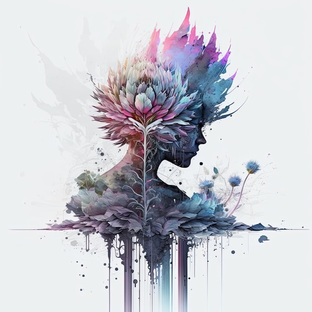 Abstract cyberpunk double exposure watercolor flower Digital illustration AI