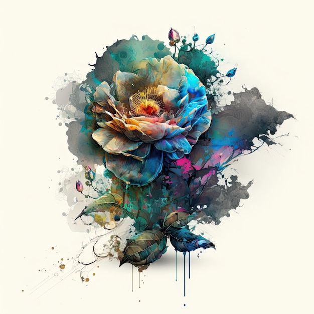 Abstract cyberpunk double exposure watercolor flower Digital illustration AI