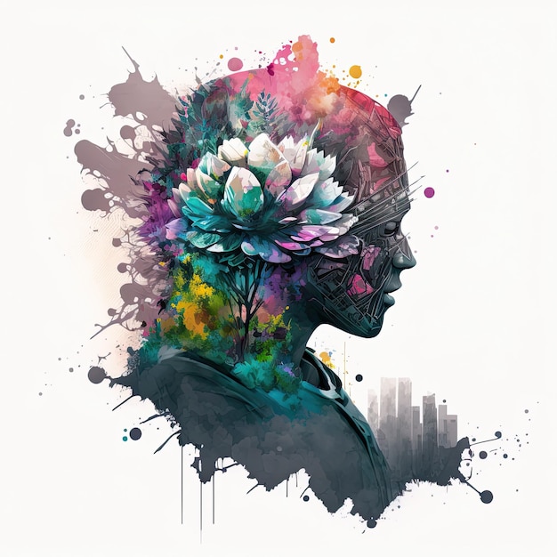 Abstract cyberpunk double exposure watercolor flower Digital illustration AI