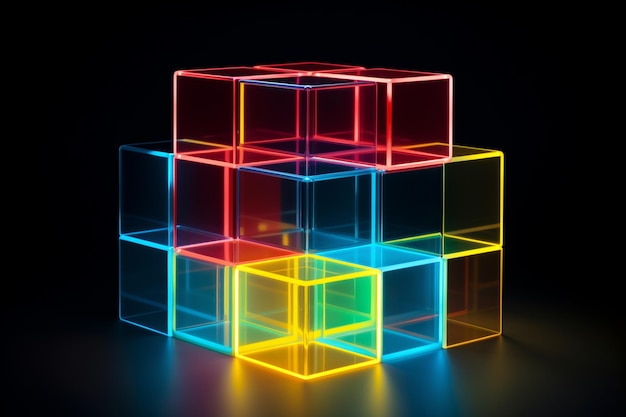 Abstract d rendering of an electric futuristic cube with blue lighton a dark background