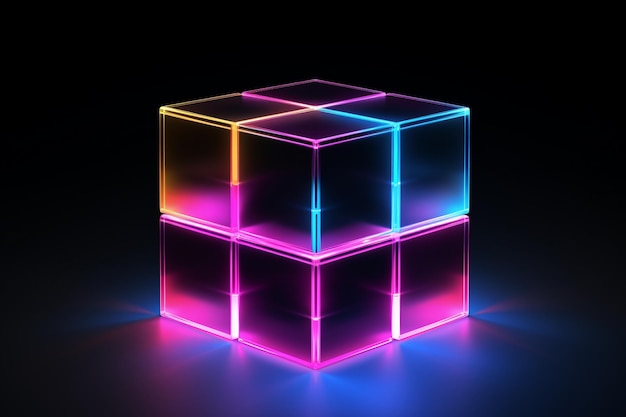 Abstract d rendering of an electric futuristic cube with blue lighton a dark background