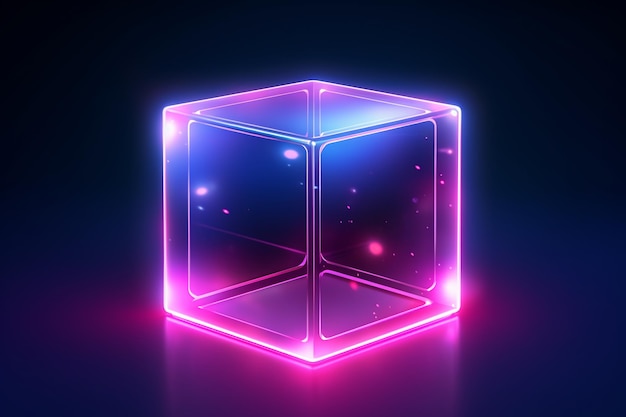 Abstract d rendering of an electric futuristic cube with blue lighton a dark background