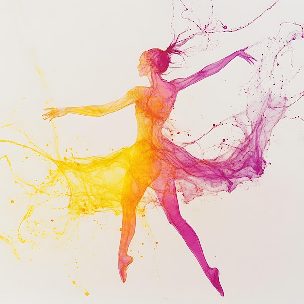 Photo abstract dance of colors a ballerinas silhouette in vibrant yellow and pink ink splashes