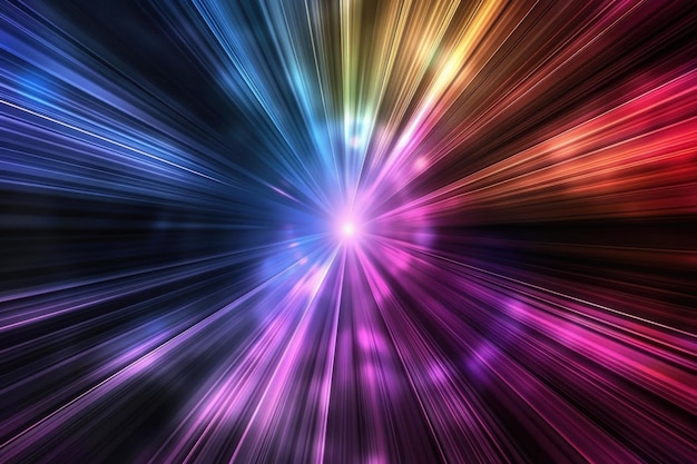 abstract dark background of light with stripes of colourful rays moving from the center