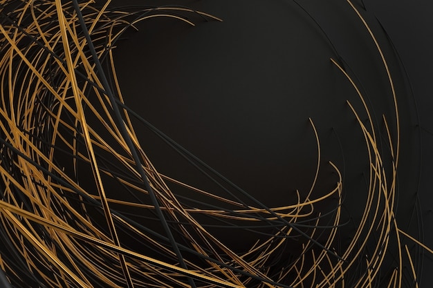 Abstract dark background of many rotating thin bars of round shape black and gold color 3D illustration