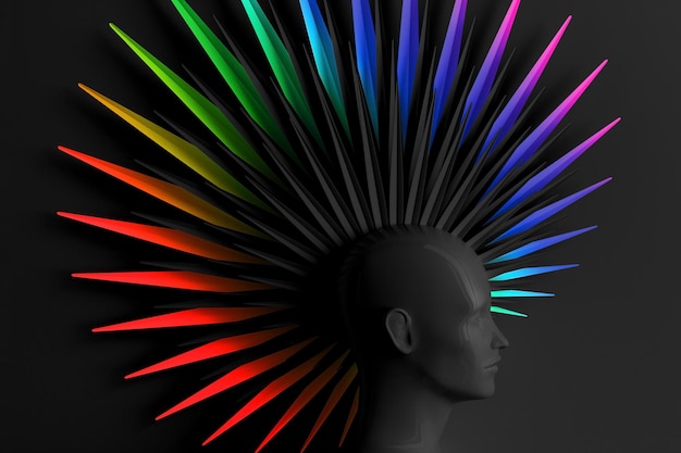 Abstract dark background with female profile and the caller fashionable hair style Mohawk painted in the colors of the rainbow LGBT concept 3D illustration