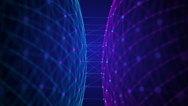 Abstract dark background with moving spheres of lines and dots Data transmission Visualization of network connections The concept of big data Internet connection worldwide 3d rendering