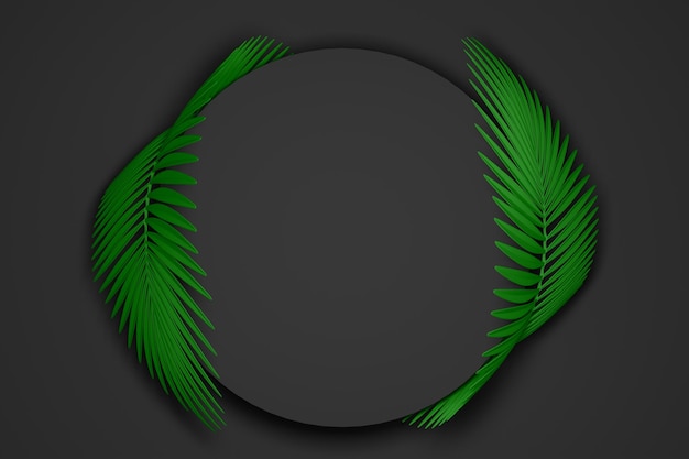 Abstract dark black and green modern background of a round frame surrounded by two rounded fluffy palm leaves 3D illustration3D render